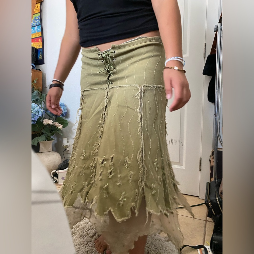 fairy core green maxi skirt with lace up detail